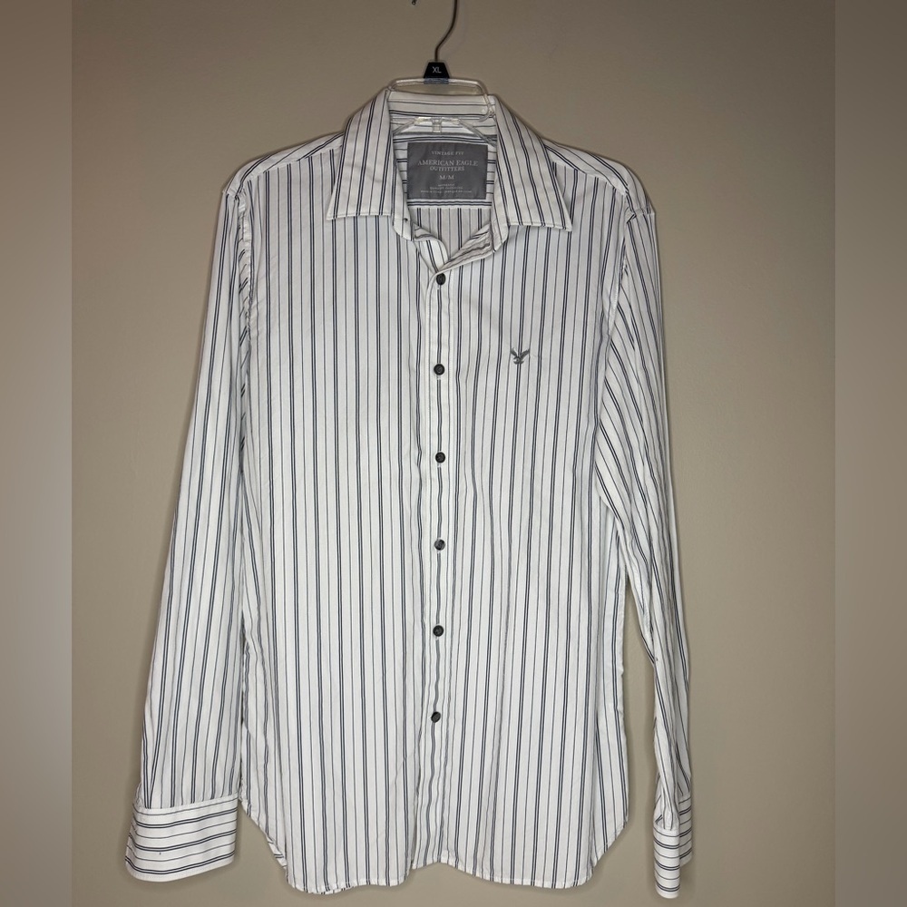 American Eagle Outfitters White and Black Striped Dress Shirt